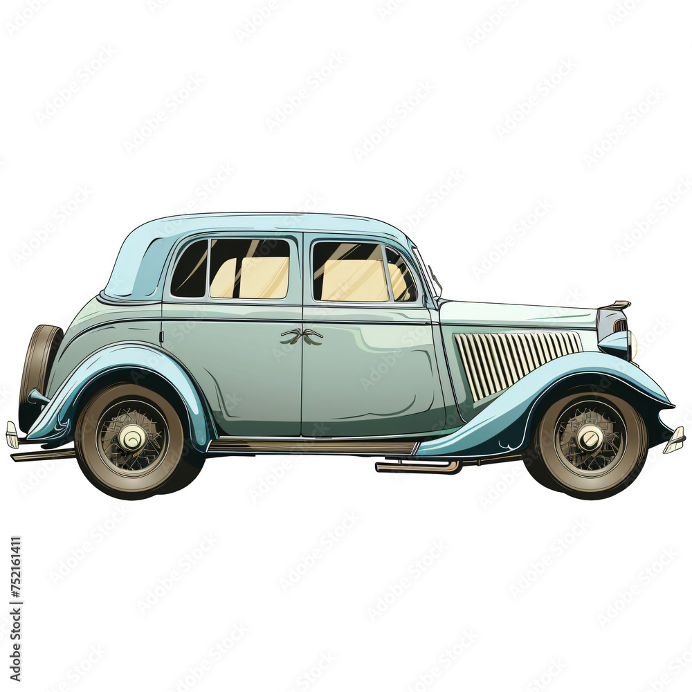 Classic beige sedan with blue fenders and wire-spoke wheels. Historical 1930s car illustration isolated on transparent background. Vintage transportation concept. Design for poster, heritage collectio
