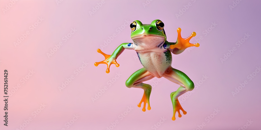 Green exotic frog jumping on a pastel gradient background with copy space.