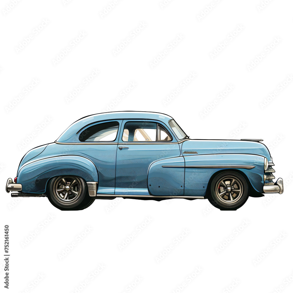 Classic blue coupe with custom wheels. Vintage American car illustration isolated on transparent background PNG. Retro customized vehicle concept for design and print.