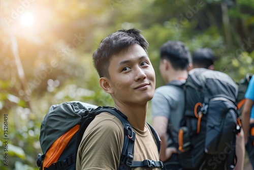 asian young men Hiking/Trekking in the mountains