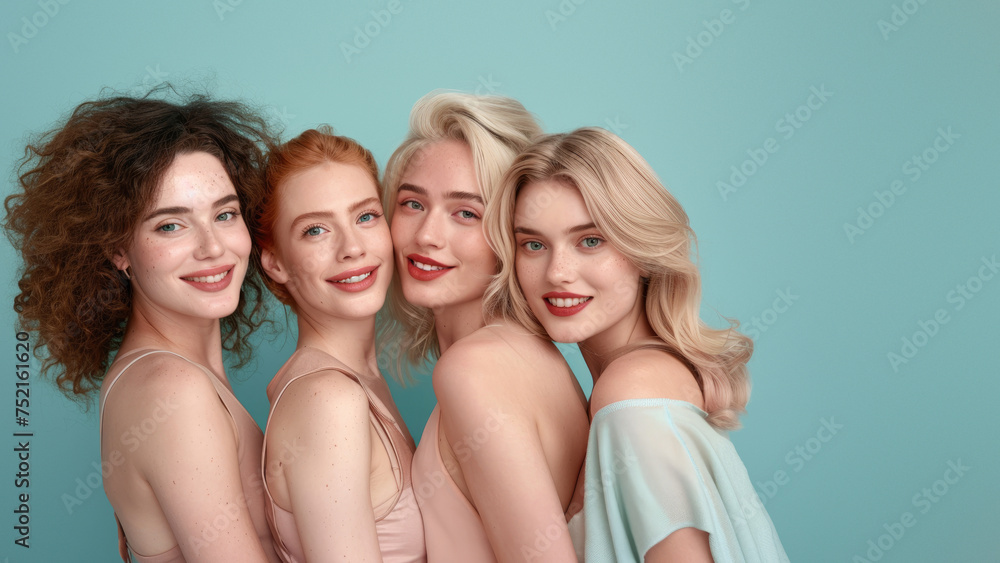 Group portrait of four joyful women with diverse hair colors, smiling cheerfully against a cohesive teal background Group portrait of four joyful women with diverse hair colors, smiling cheerfully against a cohesive teal background
