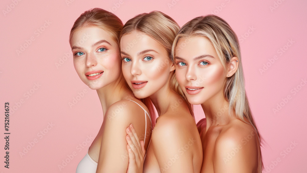 Three women with light hair and blue eyes exhibit a uniform beauty on a uniformly pink background, suggesting friendship and serenity Three women with light hair and blue eyes exhibit a uniform beauty on a uniformly pink background, suggesting friendship and serenity