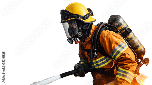 a firefighter wearing a helmet and a jacket, holding a hose, isolated on transparent background, png file photo