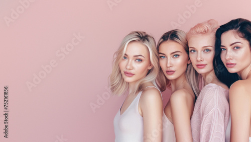 Group of four diverse women in pastel attire posing for a beauty or fashion concept against a pink background