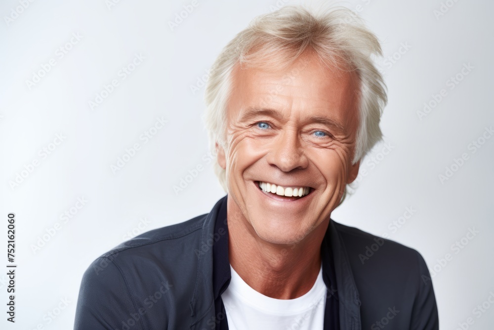 Portrait of a handsome mature man smiling while standing against grey background