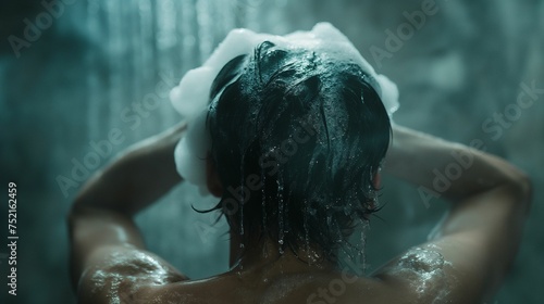 Image of a man washing his hair in the shower.