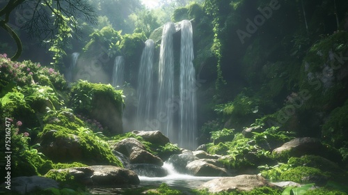 Image of a serene waterfall nestled within a lush forest. © kept