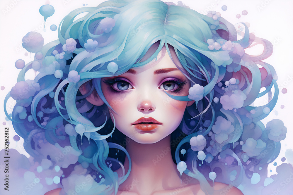 Ethereal Watercolor Muse with Aqua Tresses