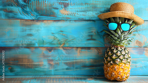 Pineapple Wearing a hat and sunglasses on old blue