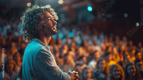 young Mental coach with curly hair on stage teach youth's to be strong and healthy photo