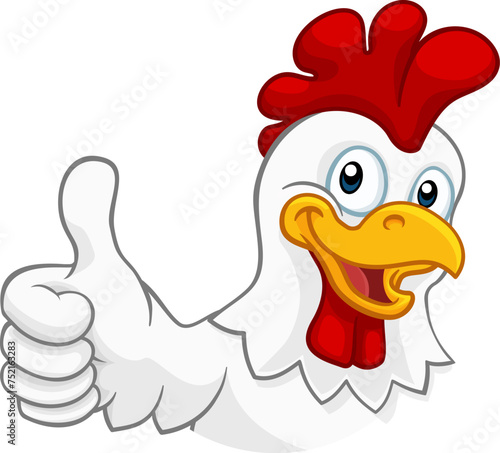 A chicken cartoon rooster cockerel character mascot giving a thumbs up.