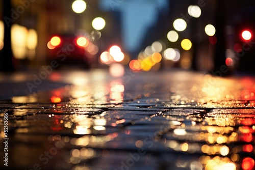 Rainy Night Street: Bokeh lights reflecting on wet pavement.