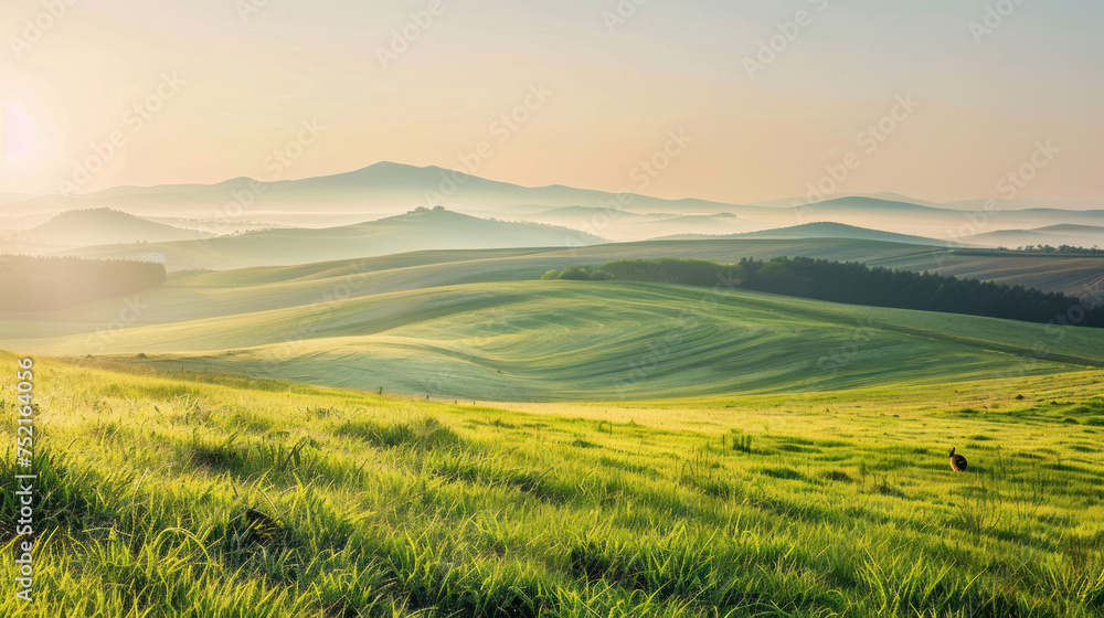 Sunny Meadow Horizon: A scenic landscape featuring a vibrant sunset over a lush green field with majestic mountains in the background