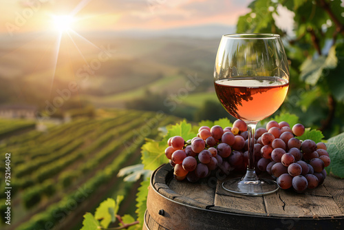 Wine Glass With Grapes On a Vineyard Landscape at Sunset