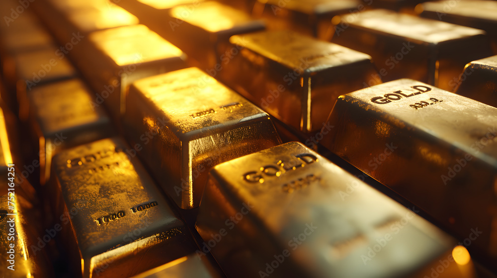 A close up of gold bars neatly stacked in storage. A close up of gold bars neatly stacked in storage.