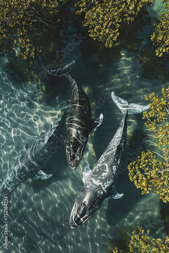 Aerial View of Whale Family Swimming Near Sea Surface