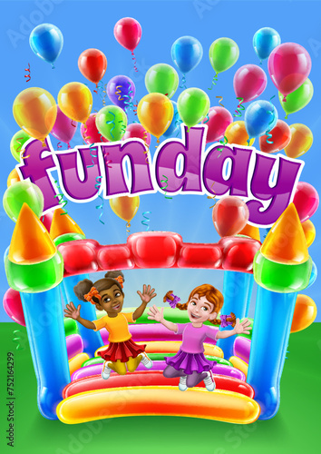 Children jumping and bouncing on a kids bouncy inflatable castle house