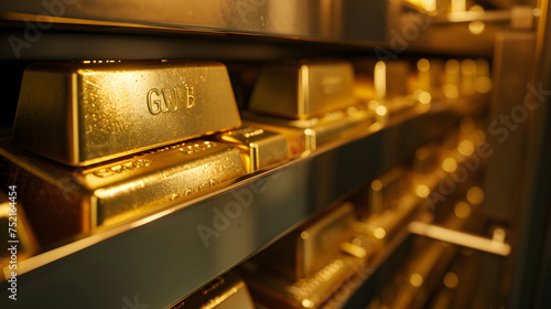 A close up of gold bars neatly stacked in storage.