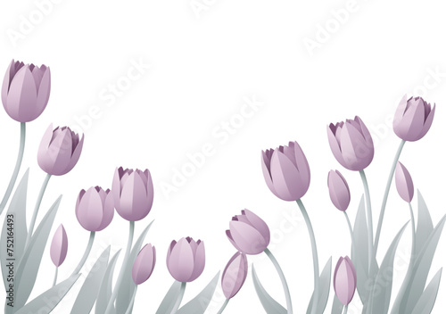 Paper craft or paper cut origami style floral tulip flowers design. With lilac tulips background corner frame design elements. Perfect for Valentines Day or Mothers Day.