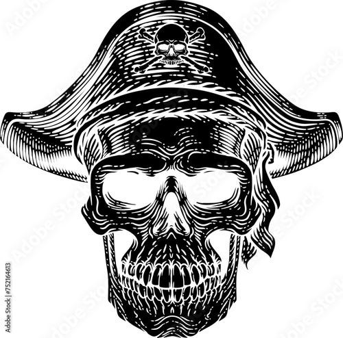 Pirate skull skeleton grim reaper mascot in pirates captain hat. Original illustration in a vintage retro woodcut etching style.