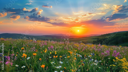 Sundown over the flower-filled field