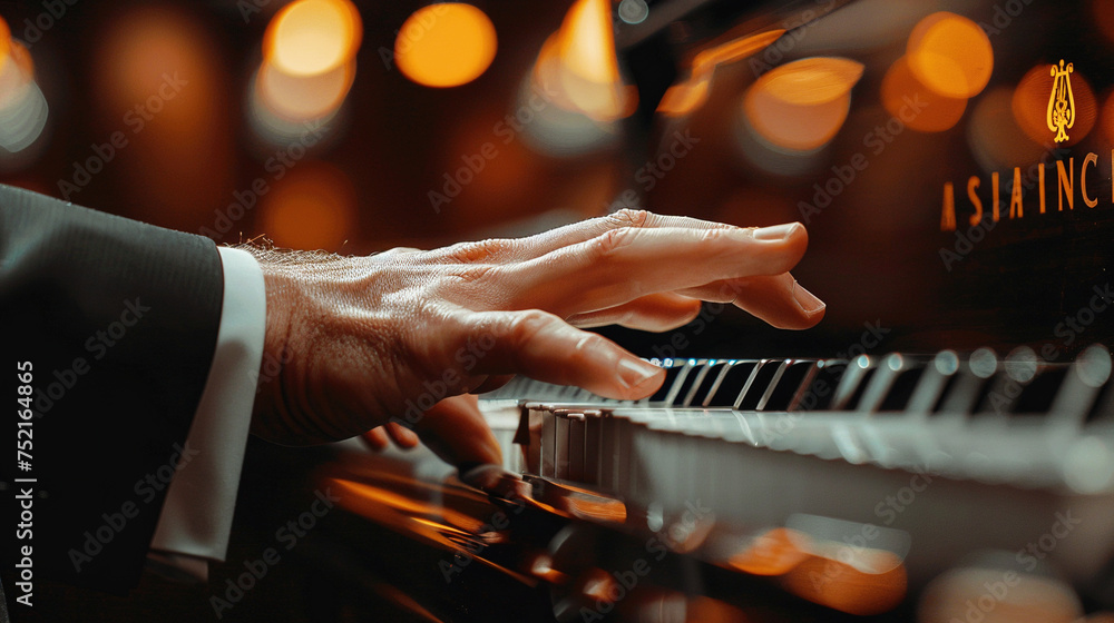 Elegant Pianist Hands on Piano Keys in Ambient Light - obrazy, fototapety, plakaty 