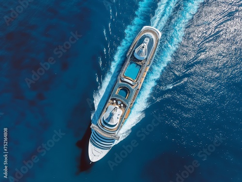 Aerial view of a luxury cruise ship cutting through the azure sea, epitomizing elegance and adventure on the open waters.