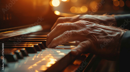 Pianist's Hands on Piano Keys Captured in Warm Light