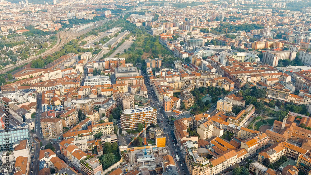 Milan, Italy. Industrial and residential areas. Access railway tracks to Milano Porta Garibaldi Train Station, Aerial View