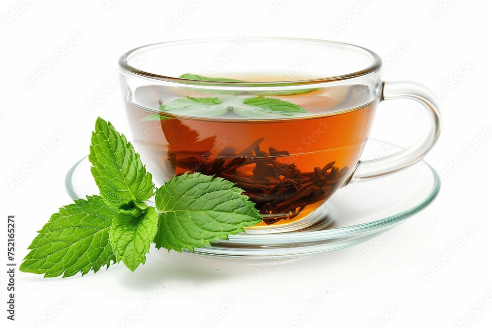 Glass cup of aromatic tea and green mint leafs on white background Glass cup of aromatic tea and green mint leafs on white background