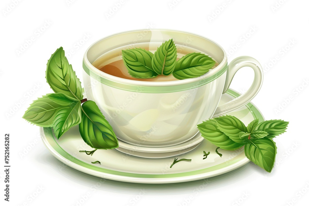Illustration of cup of aromatic tea and green mint leafs on white background Illustration of cup of aromatic tea and green mint leafs on white background