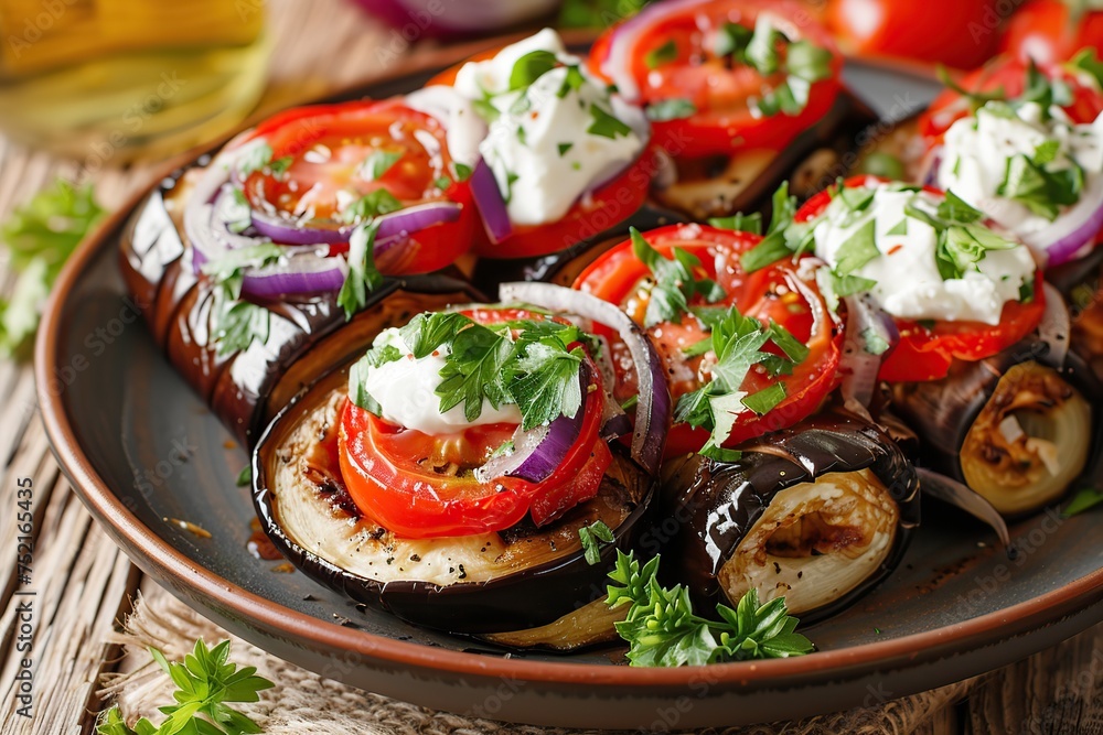 Rolled up eggplant stuffed with cheese and tomatoes in plate Rolled up eggplant stuffed with cheese and tomatoes in plate