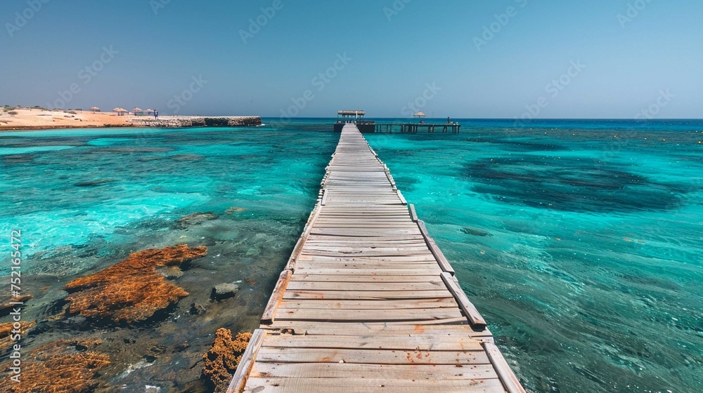 Wooden Pier at Orange Bay Beach with crystal clear azure water and white beach - paradise coastline of Giftun island.