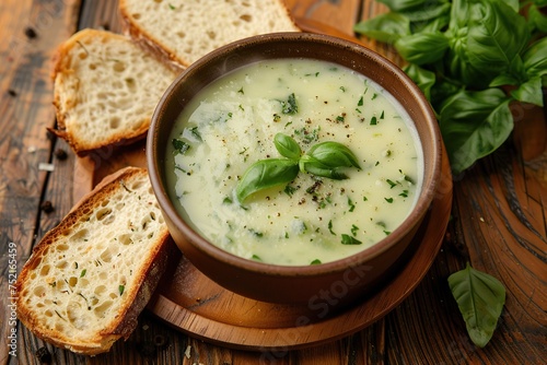 Zucchini cream soup puree in bowl and bread on wooden background