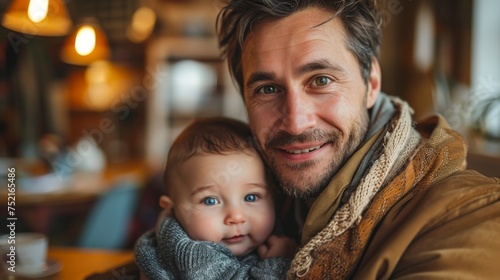 Father Holding His Baby Son While Taking His Smartphone and Working from Home