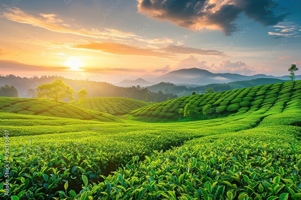 Fototapeta premium Green tea plantation at sunrise background