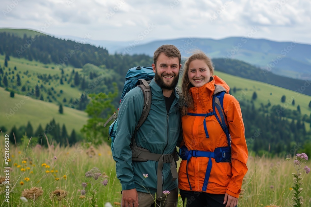 caucasian young couple Hiking/Trekking in the mountains