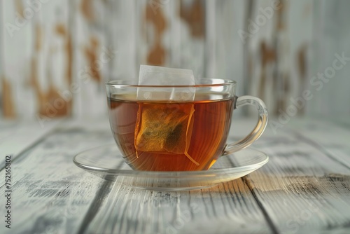 Glass cup of aromatic tea with teabag on wooden background