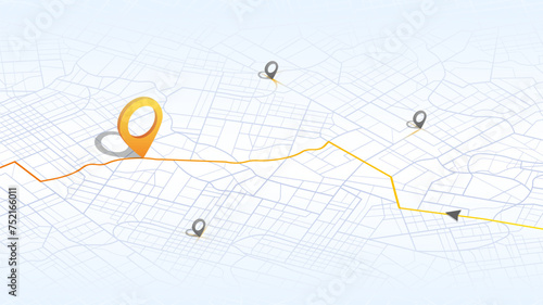 Isometric designated routes leading to specific goal points. An abstract navigation plan highlights points of interest. Main road throughout map. Vector illustration, customizable.