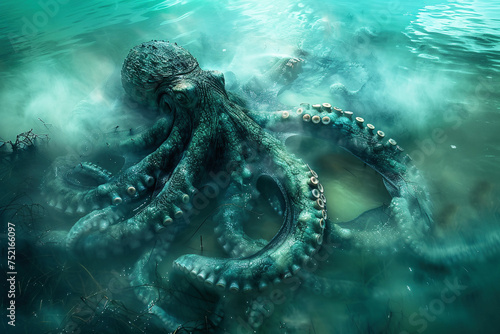 Majestic Cthulhu Octopus-Dragon in Eerie Underwater Scene