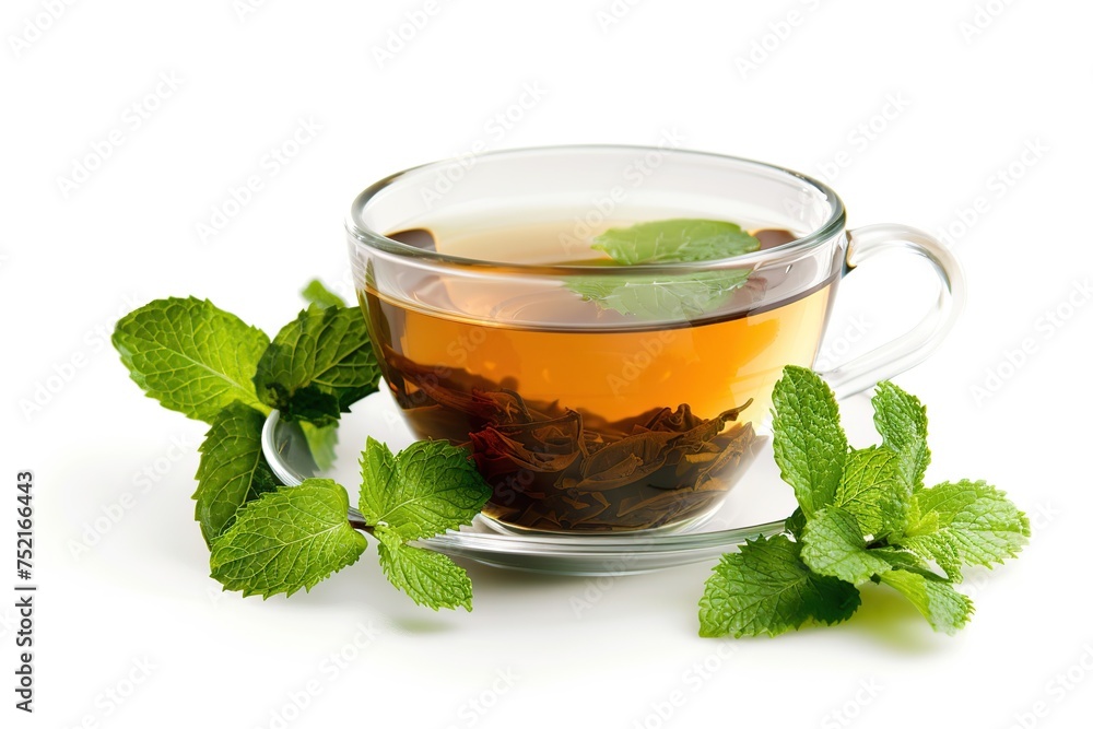 Glass cup of aromatic tea and green mint leafs on white background Glass cup of aromatic tea and green mint leafs on white background