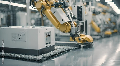 Robotic arm manufacturing Electric vehicle battery at a giga factory