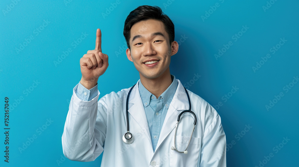 Smiling Asian Male Doctor Pointing Upwards on Blue Backdrop Smiling Asian Male Doctor Pointing Upwards on Blue Backdrop