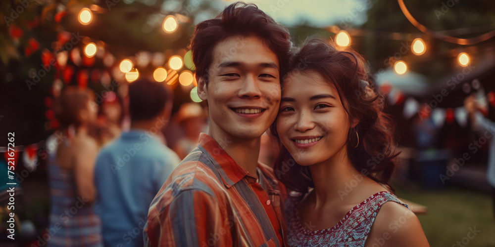 Young adult asian couple smiling surrounded by party participants. Friends partying, family gathering concept. Young adult asian couple smiling surrounded by party participants. Friends partying, family gathering concept.