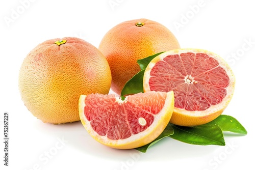 Fresh and tasty grapefruits with green leaves on white background