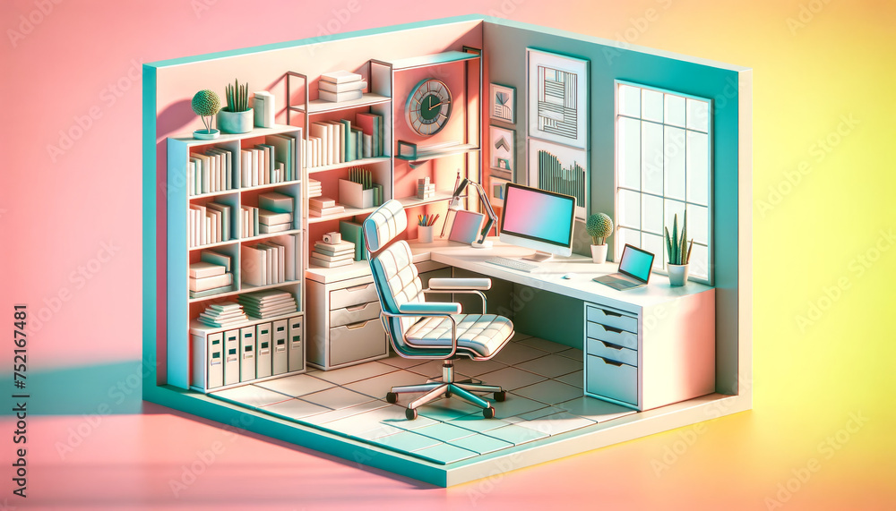 3D Pastel Office: Dynamic Angled View