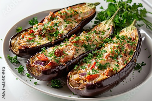 Eggplant stuffed with cheese and meat in plate