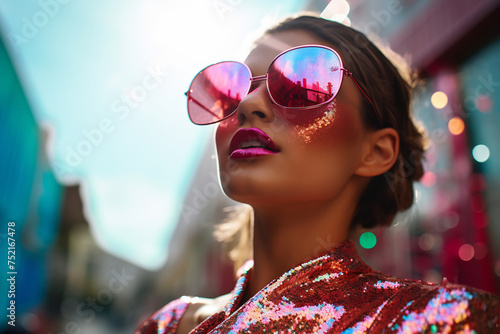 Glamorous Woman in Sequined Red Dress and Sunglasses