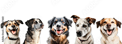 Smiling, cute dogs on transparent background.  Happy dogs. Сoncept of domestic animals. PNG format. Isolated on white. Empty, blank backdrop. Copy space. Premium landscape for mockup. Layout © Halyna