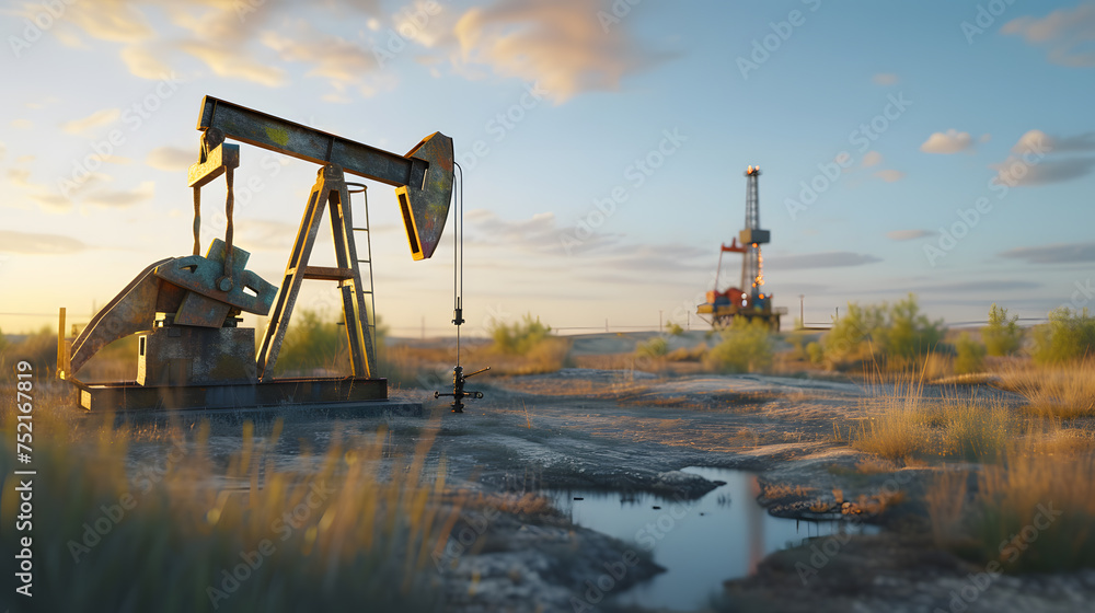 A yellow and black oil rig is on a frozen lake. A yellow and black oil rig is on a frozen lake.